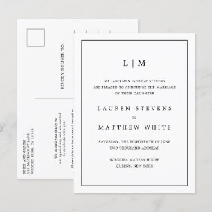 Carte Postale Faire-part Monogramme simple noir et blanc Mariage élégant