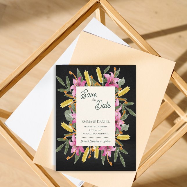 Carte Postale Faire-part Moody Blush Lily Black Floral Save the Date (Moody Blush Lily Save the Date | Elegant Black Floral Botanical Wedding Save the Date Card )