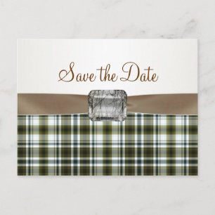 Carte Postale Faire-part Motif de tartan marron jaune Enregistrer la date C