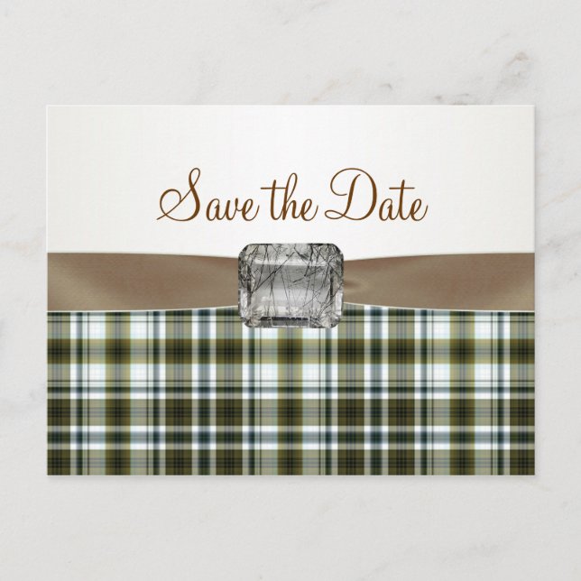 Carte Postale Faire-part Motif de tartan marron jaune Enregistrer la date C (Devant)
