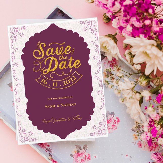 Carte Postale Faire-part Motif Oriental Élégant de Mariage Bourgogne (Elegant Oriental Motif Pattern Burgundy Wedding Announcement Postcard)