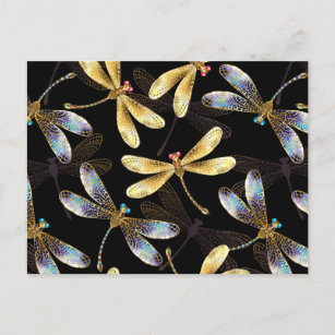Carte Postale Faire-part Motif sans couture avec libellules d'or
