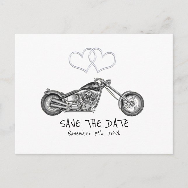 Carte Postale Faire-part Moto & Silver Hearts Biker Enregistrer La Date (Devant)