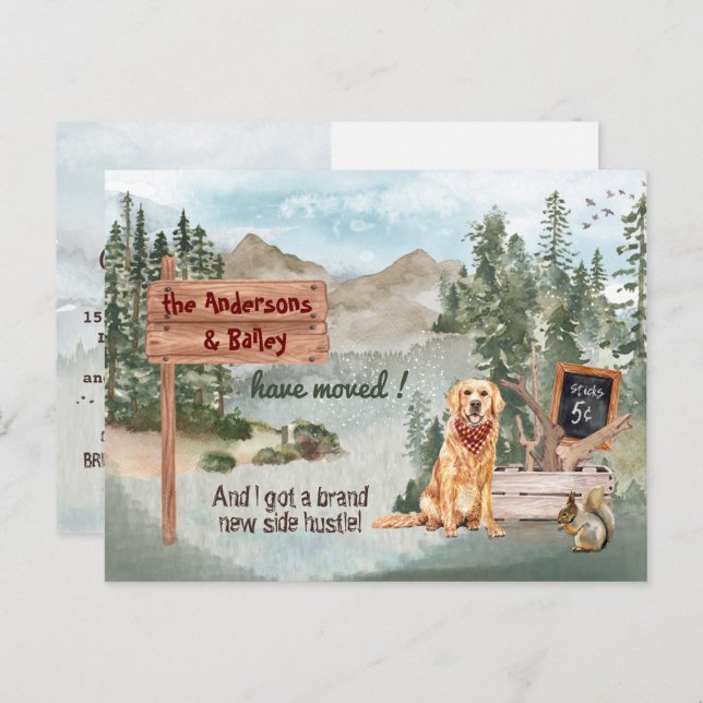 Carte Postale Faire-part Moving Golden Retriever Dog Woods Nouvelle adresse (Devant / Derrière)
