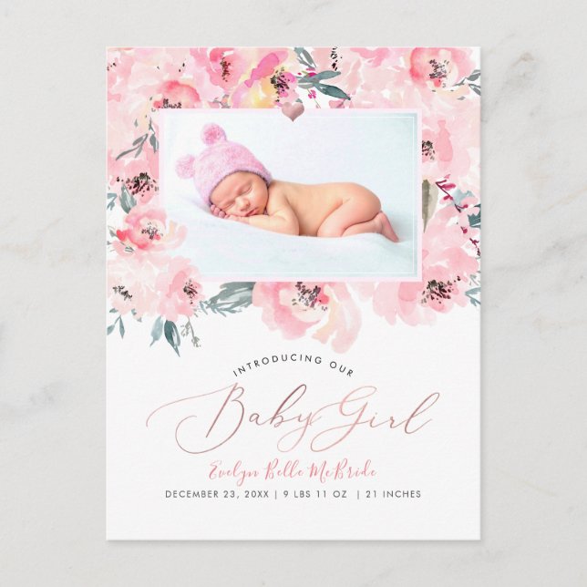 Carte Postale Faire part naissance fille pivoines aquarelle rose (Devant)