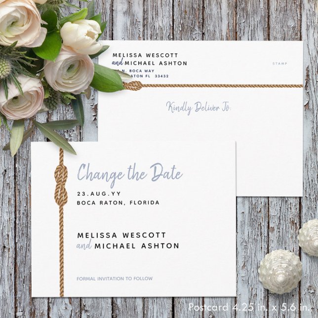 Carte Postale Faire-part Nautical ⛵ Bleu Poussiéreux et Blanc Changer la Da (Nautical ⛵ Dusty Blue + White Change The Date Announcement Postcard
)