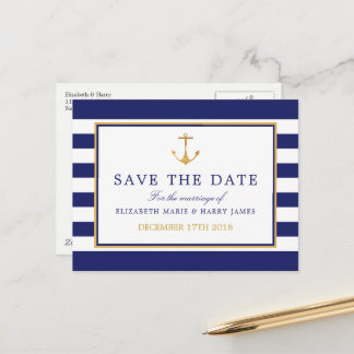 Carte Postale Faire-part Nautical Gold Anchor, Navy & Gold Save The Date