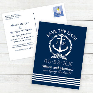 Carte Postale Faire-part Nautical Navy Bleu Ancre Mariage Économisez la Dat