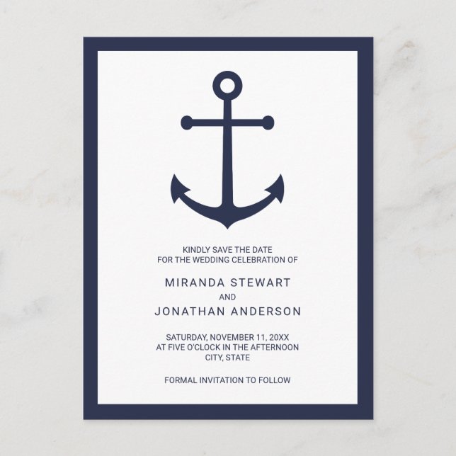 Carte Postale Faire-part Nautical Navy Blue Anchor Mariage Enregistrer la D (Devant)