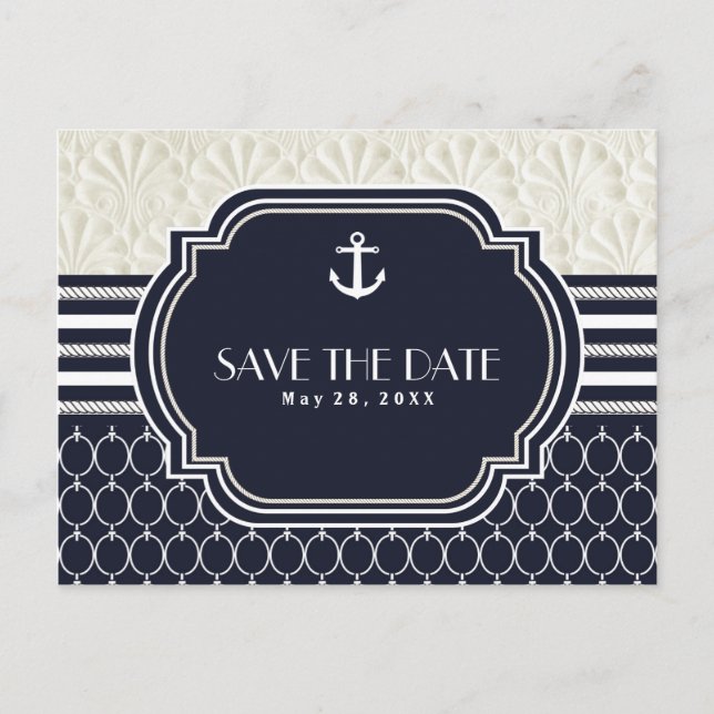 Carte Postale Faire-part Nautical Navy & Mariage de plage blanc Enregistrer (Devant)