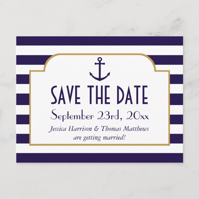 Carte Postale Faire-part Nautical Navy & White Stripe Anchor Faire Part de  (Devant)