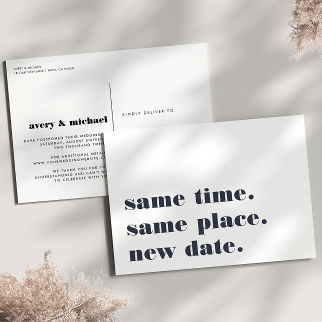 Carte Postale Faire-part Navy | Annonce de report de mariage moderne (Créateur téléchargé)