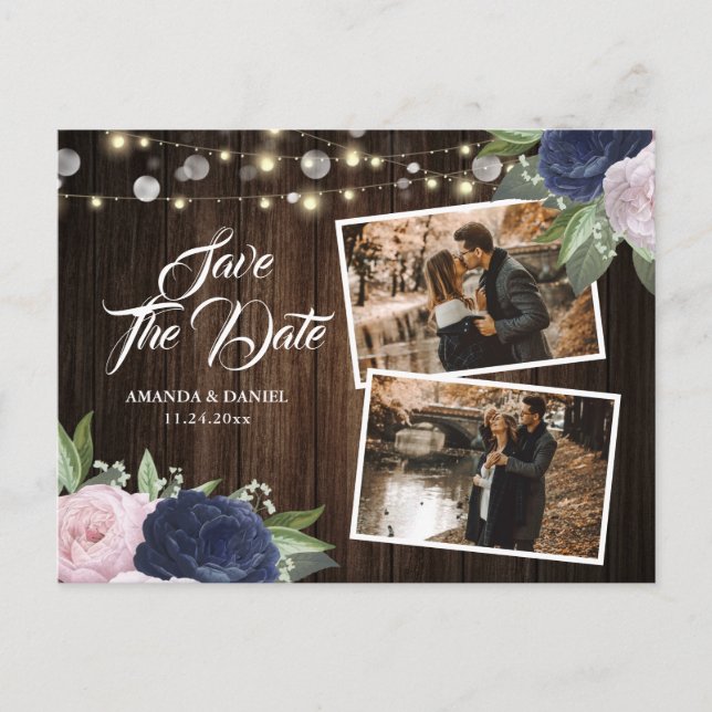 Carte Postale Faire-part Navy Blue Blush Save The Date Photo Postcard (Devant)