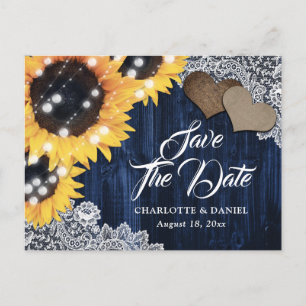 Carte Postale Faire-part Navy Blue Bois Tournesol Mariage Économisez La Dat