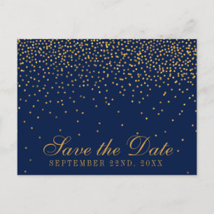 Carte Postale Faire-part Navy Blue & Glam Gold Confetti Enregistrer La Date