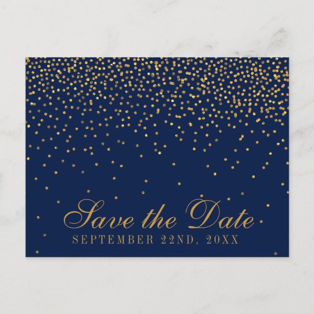 Carte Postale Faire-part Navy Blue & Glam Gold Confetti Enregistrer La Date (Devant)