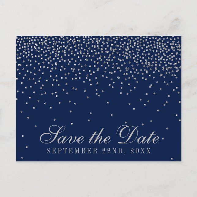 Carte Postale Faire-part Navy Blue & Glam Silver Confetti Enregistrer La Da (Devant)