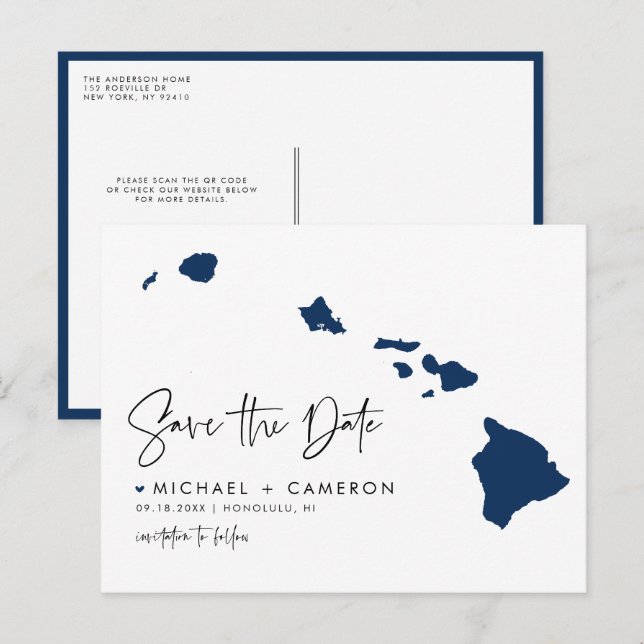 Carte Postale Faire-part Navy Blue Hawaii State Map QR Code Enregistrer la  (Devant / Derrière)