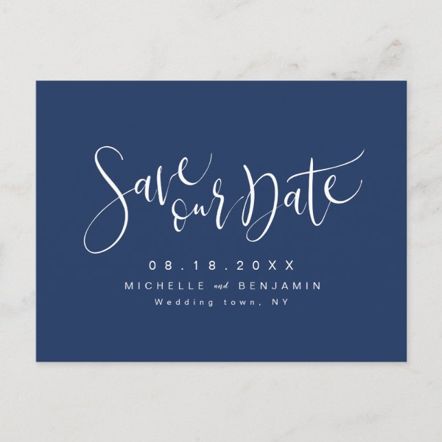 Carte Postale Faire-part Navy Blue Modern Simple Script Enregistrer La Date (Devant)