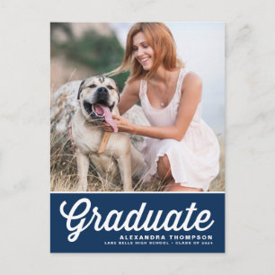Carte Postale Faire-part Navy Blue Retro Bold Typographie Photo Graduation