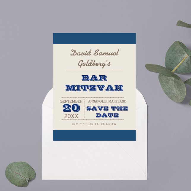 Carte Postale Faire-part Navy Blue & Silver Bar Mitzvah Enregistrer la date (Créateur téléchargé)