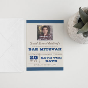 Carte Postale Faire-part Navy Blue & Silver Bar Mitzvah Enregistrer la date