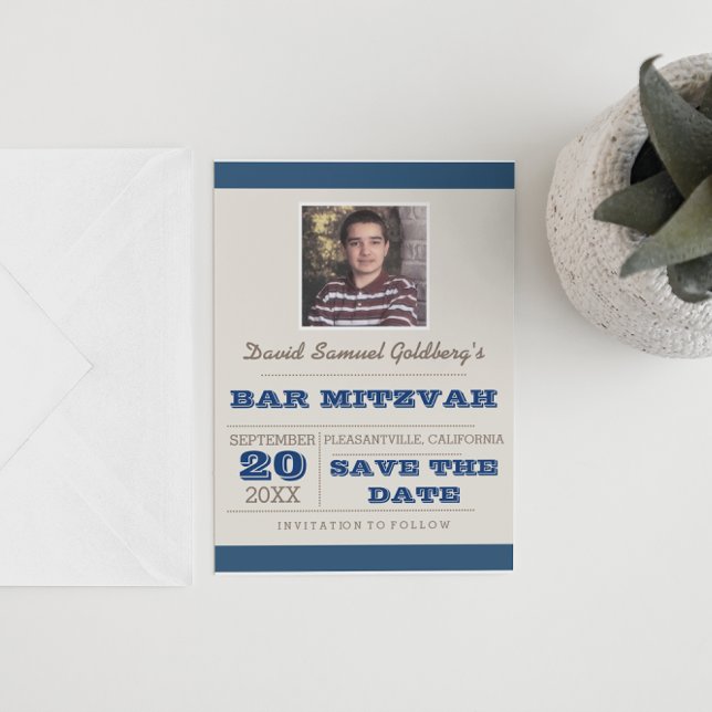 Carte Postale Faire-part Navy Blue & Silver Bar Mitzvah Enregistrer la date (Créateur téléchargé)