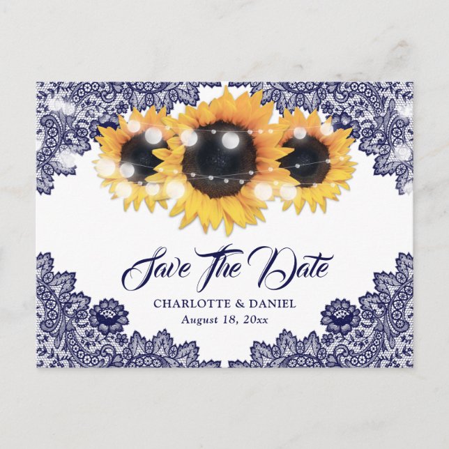 Carte Postale Faire-part Navy Blue Sunflower Lace Wedding Save The Date (Devant)