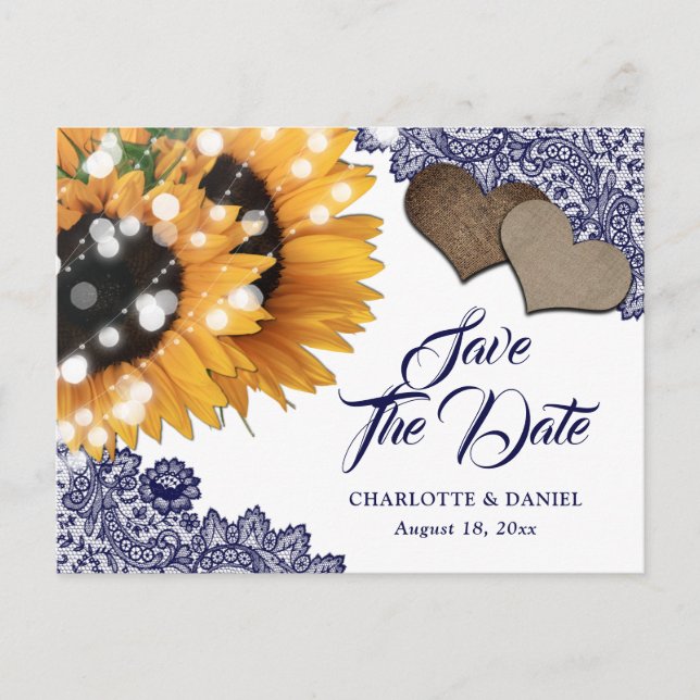 Carte Postale Faire-part Navy Blue Sunflower Wedding Save The Date Postcard (Devant)