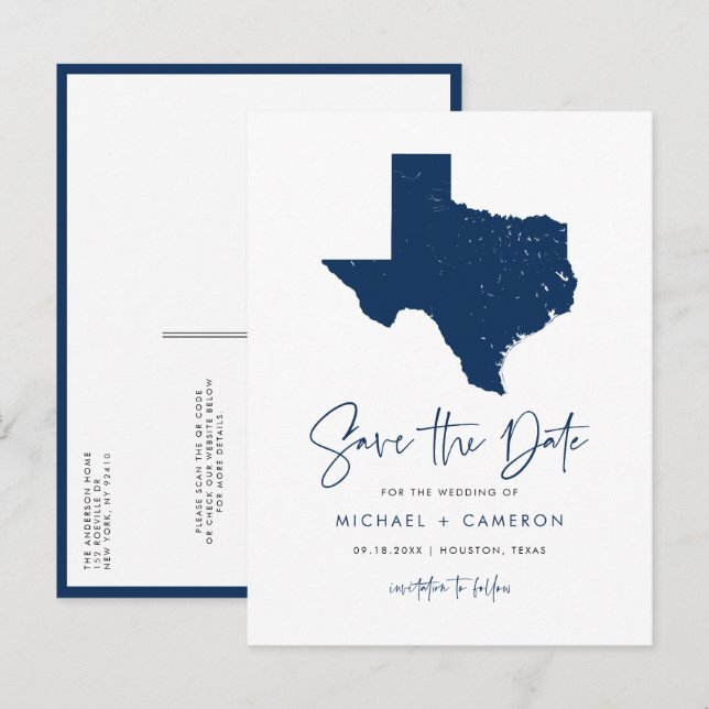 Carte Postale Faire-part Navy Blue Texas State Map QR Code Enregistrer la d (Devant / Derrière)