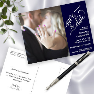 Carte Postale Faire-part Navy Blue Wedding Save the Date Photo Calligraphy