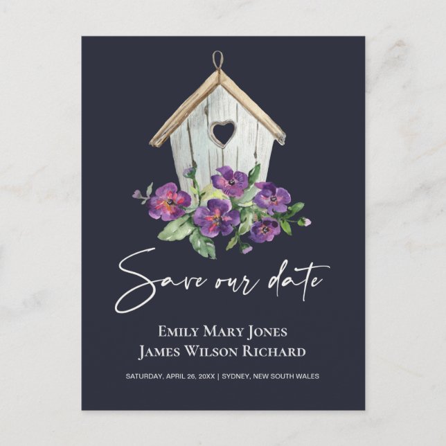 CARTE POSTALE FAIRE-PART NAVY BOHO RUSTIC FLORAL BIRDHOUSE SAUVER LA DATE (Devant)