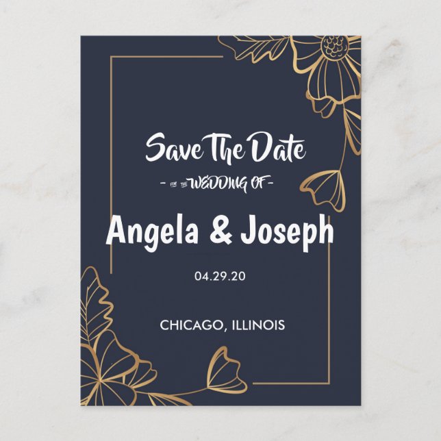Carte Postale Faire-part Navy & floral doré Save the Date (Devant)