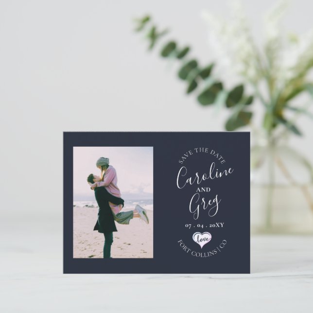 Carte Postale Faire-part Navy Heart Love Typographie Photo Enregistrer la D (Debout devant)