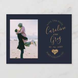 Carte Postale Faire-part Navy Or Amour Typographie Photo Enregistrer la Dat