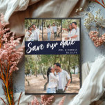 Carte Postale Faire-part Navy Script 4 Photos Mariage Enregistrer notre dat<br><div class="desc">Mariage enregistrer la date carte postale vous pouvez personnaliser avec quatre de vos propres photos, trois plus petits et un plus grand. Enregistrer notre date est écrit en diagonale sur la carte postale dans un script blanc contre un arrière - plan bleu marine. Ajoutez vos noms et votre date de...</div>