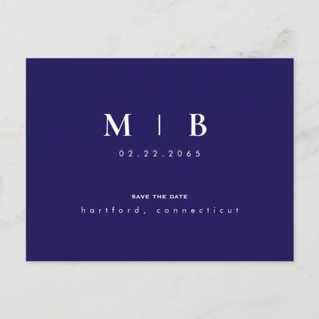 Carte Postale Faire-part Navy Simple Monogramme Mariage Enregistrer la Date (Devant)