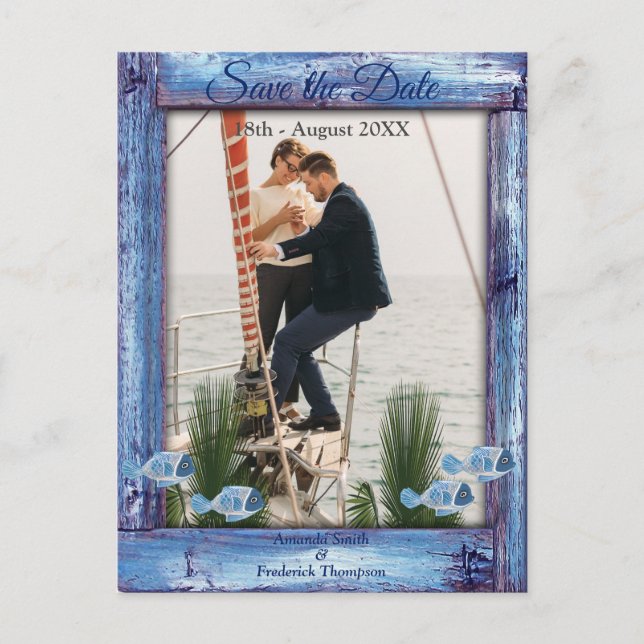 Carte Postale Faire-part Navy - Texte en bois texturé et poissons Enregistr (Devant)