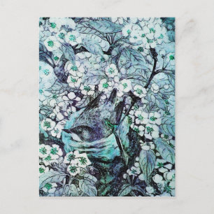 CARTE POSTALE FAIRE-PART NID D'OISEAU, ARBRE AUX FLEURS BLANCHES ET BLEUES