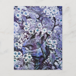 CARTE POSTALE FAIRE-PART NID D'OISEAU, ARBRE AUX FLEURS BLANCHES ET BLEUES 