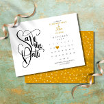 Carte Postale Faire-part N'importe quel âge Anniversaire Enregistrer la dat<br><div class="desc">Ce joli anniversaire de n'importe quel âge sauf la carte de date dispose d'un calendrier et joli coeur d'amour en or soulignant votre date spéciale. L'inverse est constitué de confettis au coeur doré. Conçu par Thisisnotme©</div>