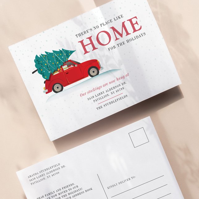 Carte Postale Faire-part Noël Arbre Vacances Nouvelle adresse Déménagement (Cute Red Car Christmas Holiday Moving Announcement Postcard)