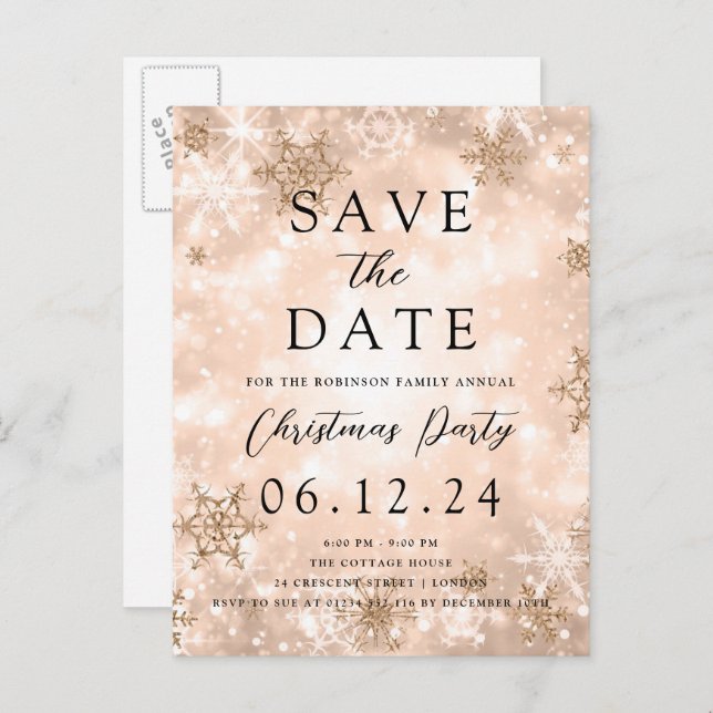 Carte Postale Faire-part Noël Enregistrer La Date Rose Or Hiver Merveilleux (Devant / Derrière)
