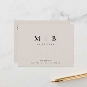 Carte Postale Faire-part Noir & Beige Monogramme Mariage Enregistrer la dat