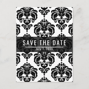 Carte Postale Faire-part Noir & Blanc Damask Chic Wedding Enregistrer la da