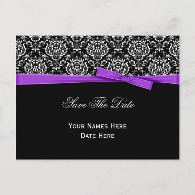 Carte Postale Faire-part Noir Blanc Damask Violet Bow Ribbon Enregistrer La (Devant)