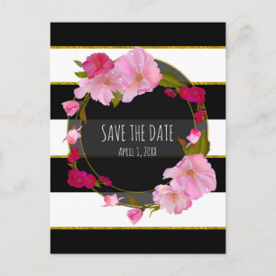 Carte Postale Faire-part Noir Blanc et Or Moderne Floral Enregistrer La Dat