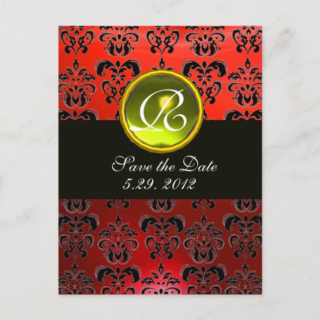 Carte Postale Faire-part NOIR BLANC ET ROUGE DAMASK JAUNE TOPAZ Monogramme (Devant)