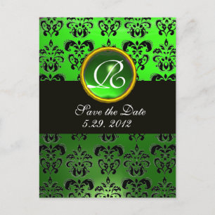 Carte Postale Faire-part NOIR BLANC ET VERT DAMAS ÉMERAUDE Monogramme