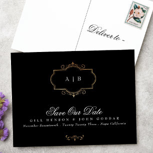 Carte Postale Faire-part noir blanc monogramme crête or foil Save The Date